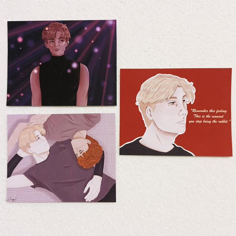 May include: Three illustrated images of men. The first image shows a man with short brown hair wearing a black turtleneck shirt. The second image shows two men lying down, one on top of the other. The man on top has short brown hair and the man on the bottom has short blonde hair. Both men are wearing black shirts. The third image shows a man with short blonde hair wearing a black shirt. The image has a red background and the text "Remember this feeling. This is the moment you stop being the rabbit."
