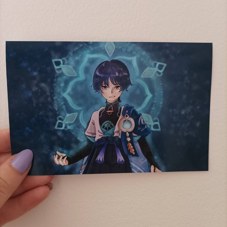 May include: A blue-haired anime character with a light blue and purple outfit stands in front of a blue and white swirling background. The character has a light blue and white patterned design on their outfit and a light blue orb in their hand.