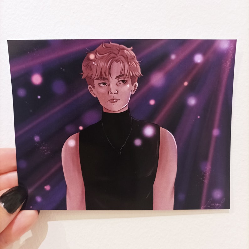 May include: A digital illustration of a person with pink hair wearing a black sleeveless turtleneck shirt. The background is a purple and pink gradient with white dots and light beams.