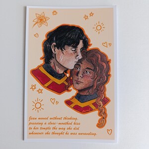 May include: A romantic illustration of two figures in a close embrace, one kissing the other's forehead. The artwork uses warm tones and includes stars, hearts, and text: "Jean moved without thinking, pressing a close-mouthed kiss to her temple..."