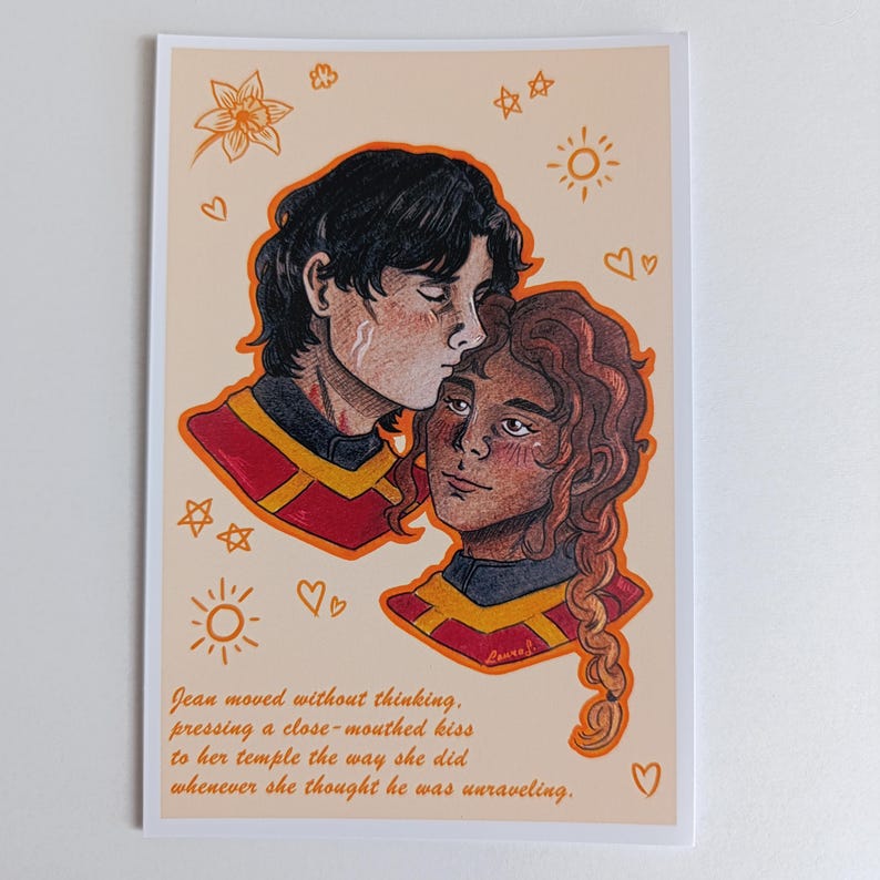 May include: A romantic illustration of two figures in a close embrace, one kissing the other's forehead. The artwork uses warm tones and includes stars, hearts, and text: "Jean moved without thinking, pressing a close-mouthed kiss to her temple..."