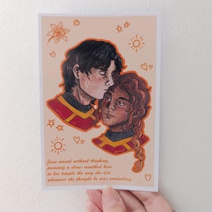 May include: A romantic illustration of two figures in an embrace, one kissing the other's forehead. The artwork uses a warm colour palette and includes decorative elements such as hearts and stars. The image contains text: "Jean moved without thinking..."