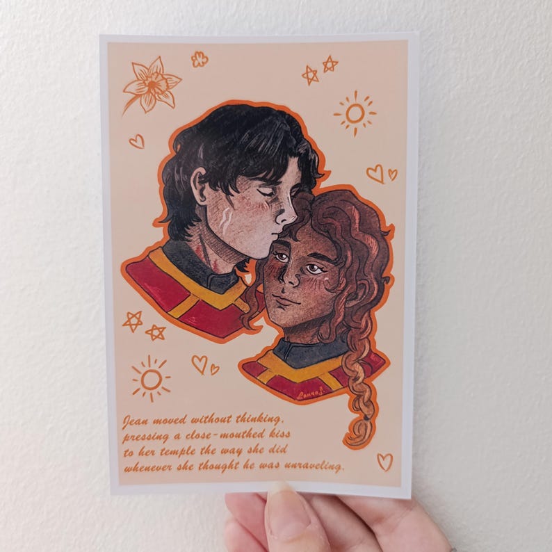 May include: A romantic illustration of two figures in an embrace, one kissing the other's forehead. The artwork uses a warm colour palette and includes decorative elements such as hearts and stars. The image contains text: "Jean moved without thinking..."