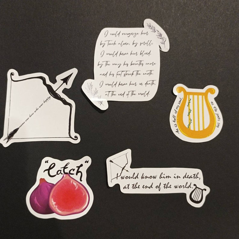 May include: Five stickers with black outlines and white backgrounds. The stickers feature a bow and arrow, a lyre, two figs, and a quote about recognizing someone in death. The quote reads "I would know him in death, at the end of the world."