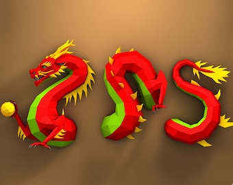 Chinese Dragon, Papercraft, Mustache dragon Pepakura, Lowpoly, Low Polygon, 3D Papercraft, handmade, Paper Sculptures, DIY origami, Decor