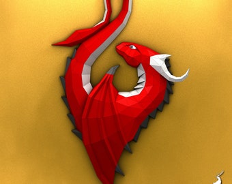 Pode incluir: Escultura de dragão de origami vermelho com detalhes em preto e branco. O dragão está enrolado em um círculo com a cauda na boca.