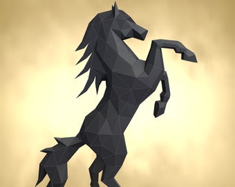 Cheval noir, Papercraft, Pepakura, Lowpoly, Low Polygon, Papercraft 3D, fait main, Sculptures en papier, DIY origami, Design, Décor