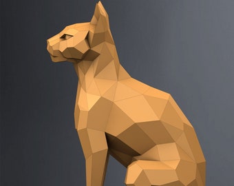 Puede incluir: Un modelo de papel 3D de un gato sentado con la cabeza girada hacia un lado. El modelo está hecho de papel marrón y tiene un diseño geométrico.