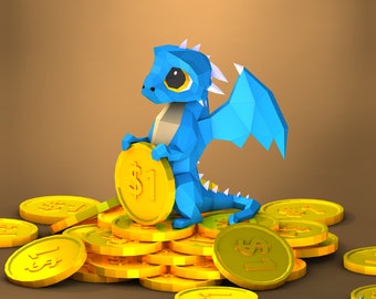 Little Dragon, Dragon Papercraft, Symbol of wealth, blue dragon, Pepakura, New Year, Lowpoly, handmade, Paper Sculptures, DIY origami, paper