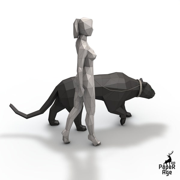 Panther Hunting, Paper Girl, Papercraft, Pepakura, Lowpoly, Low Polygon, 3D Papercraft, handmade, Paper Sculptures, DIY origami