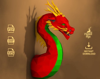 Chinese Dragon, Papercraft, Mustache dragon Pepakura, Lowpoly, Low Polygon, 3D Papercraft, handmade, Paper Sculptures, DIY origami, Decor