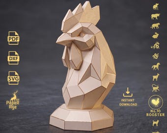 Rooster Papercraft Template pdf svg dxf | DIY Low Poly Rooster Sculpture, Chinese Zodiac Rooster, handmade, Paper Sculptures, DIY origami