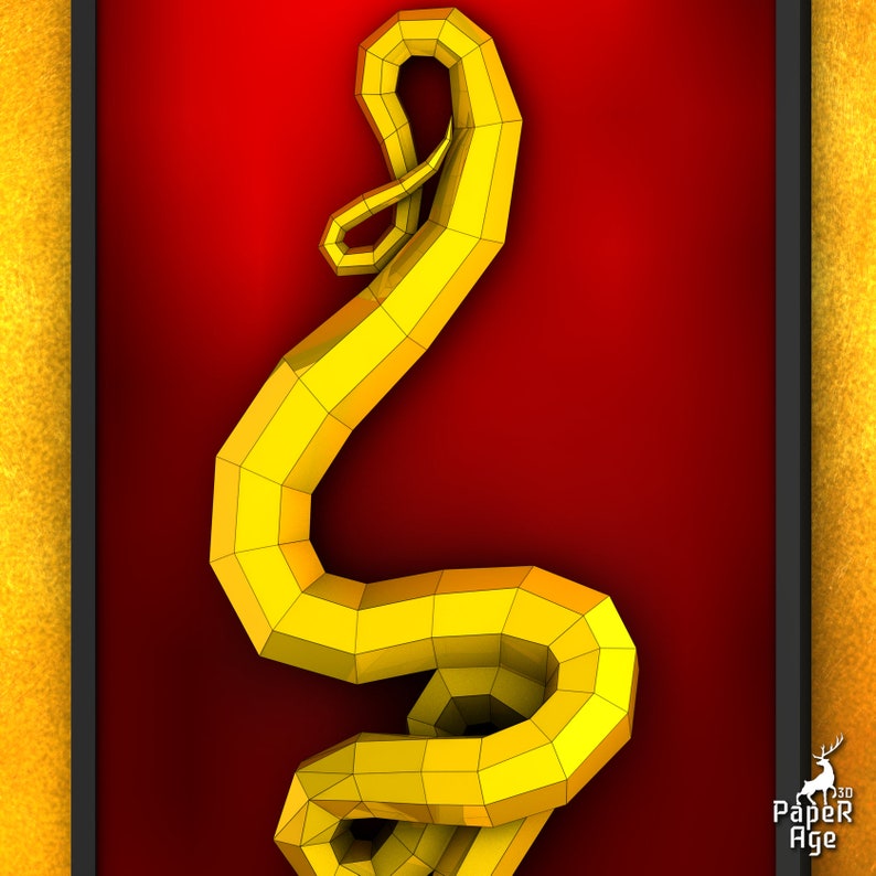 May include: A yellow, 3D origami snake with a textured surface. The snake is curled up in a spiral shape and is set against a red background.