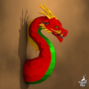 Dragon chinois, Papercraft, Moustache dragon Pepakura, Lowpoly, Low Polygon, 3D Papercraft, fait main, Sculptures en papier, DIY origami, Décor