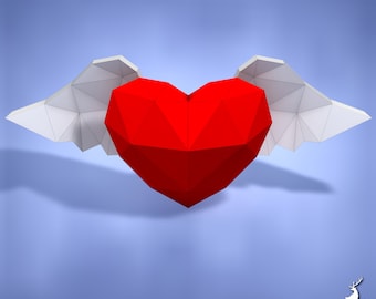 Corazón con alas, San Valentín, Papercraft, Pepakura, Lowpoly, Low Polygon, 3D Papercraft, hecho a mano, Esculturas de papel, origami DIY