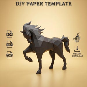 Cheval, Papercraft, Pepakura, Lowpoly, Low Polygon, 3D Papercraft, fait main, sculptures en papier, origami DIY, design, décoration