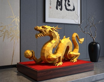 Chinese Dragon, Papercraft, Mustache dragon Pepakura, Lowpoly, Low Polygon, 3D Papercraft, handmade, Paper Sculptures, DIY origami, Decor