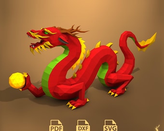 Chinese Dragon, Papercraft, Mustache dragon Pepakura, Lowpoly, Low Polygon, 3D Papercraft, handmade, Paper Sculptures, DIY origami, Decor