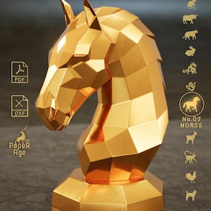 Modello per scultura di cavallo in metallo fai da te in formato dxf e pdf | Busto di cavallo zodiacale low poly | Progetto di saldatura | Modello 3D in carta | File per taglio laser CNC