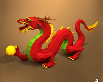 Dragon chinois, Papercraft, Moustache dragon Pepakura, Lowpoly, Low Polygon, Papercraft 3D, fait main, Sculptures en papier, DIY origami, Décor