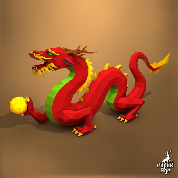 Dragon chinois, Papercraft, Moustache dragon Pepakura, Lowpoly, Low Polygon, Papercraft 3D, fait main, Sculptures en papier, DIY origami, Décor