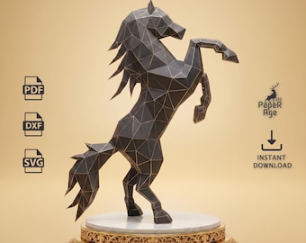 May include: A black low-poly horse sculpture with geometric facets and thin gold outlines, standing on a white marble base with an ornate gold trim. The text reads DIY PAPER TEMPLATE, PDF, DXF, SVG, PAPER AGE, and INSTANT DOWNLOAD.