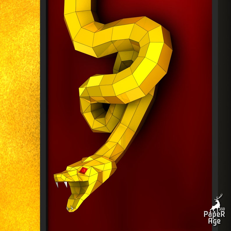 May include: A golden snake with a red eye, rendered in a low-poly style, is coiled and poised to strike. The snake is against a red background.