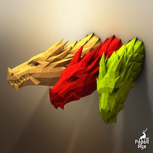 Dragón en la pared, Cabeza de dragón, Papercraft, Trofeo, Pepakura, Lowpoly, 3D Papercraft, hecho a mano, Esculturas de papel, DIY origami, Decoración