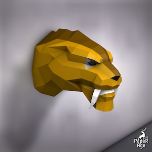 Tigre dai denti a sciabola (trofeo), Papercraft, Pepakura, Lowpoly, Poligono basso, Papercraft 3D, fatto a mano, sculture di carta, origami fai da te, carta