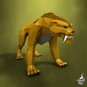 Tigre dai denti a sciabola, Papercraft, Pepakura, Lowpoly, Poligono basso, Papercraft 3D, fatto a mano, sculture di carta, origami fai da te, carta