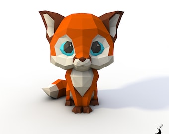 Petit renard, Renard, Renard, Papercraft, Pepakura, Lowpoly, Low Polygon, 3D Papercraft, fait main, Sculptures en papier, DIY origami, Design