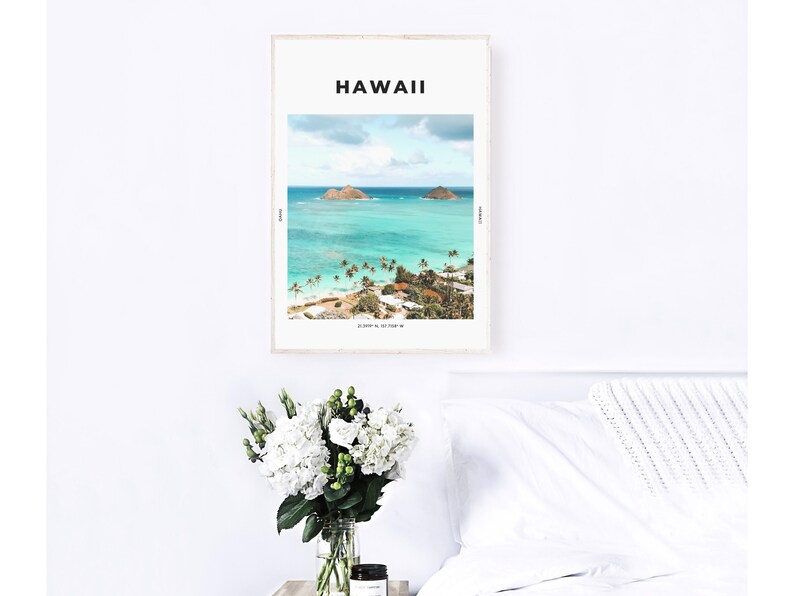 Hawaii Print Oahu Poster Ocean Palm Tree Wall Art Tropical Etsy