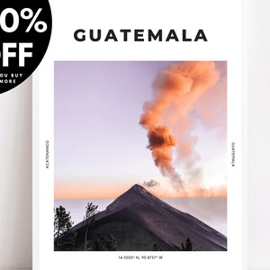 Guatemala Print, Acatenango Poster, Volcano Wall Art Central America Orange Purple Decor Travel Prints Photography Coordinates Living Room