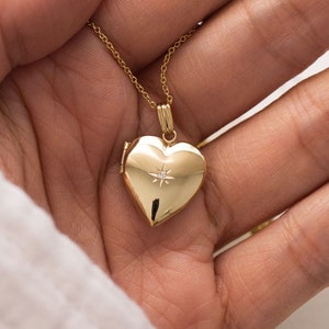 14K Solid Yellow Gold Heart Diamond Locket, Photo Necklace, Minimalist Personalized Gifts