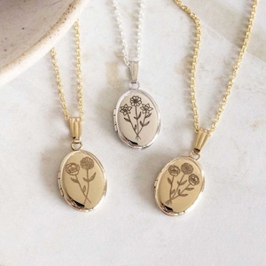 Birth flowers Bouquet Mix Oval Locket, Gift for Mom,  Personalized Jewelry Gifts, Combined Flowers, Engraved Locket With Photo