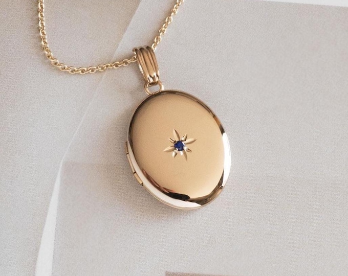 14K Solid Yellow Gold Blue Sapphire North Star Small Oval Locket, Photo Engraved Lockets