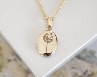 Dandelion Flower Oval Locket Necklace, 14K Gold, Silver, Gold Filled Personalized Gifts