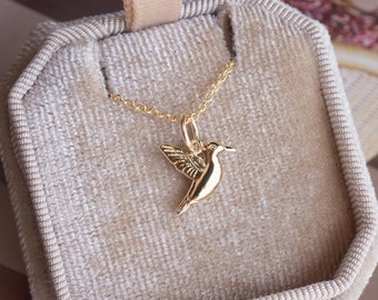 Hummingbird Charm Necklace, Gold Filled and 14K Solid Gold, Gifts For Her