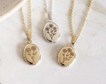 Birth flowers Bouquet Mix Oval Locket, Gift for Mom,  Personalized Jewelry Gifts, Combined Flowers, Engraved Necklace