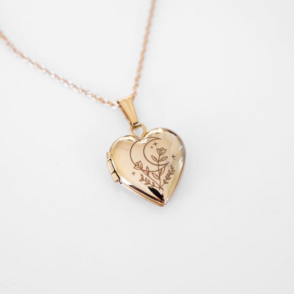 Botanisch maanhart medaillon, foto medaillonketting, gepersonaliseerde cadeaus, zilver, gold filled, massief goud