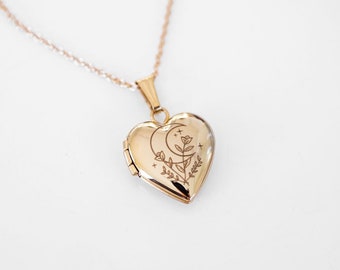 Botanical Moon Heart Mini Locket, Locket Necklace, Personalized Gifts