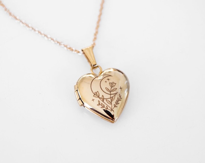 Botanical Moon Heart Mini Locket, Locket Necklace, Personalized Gifts