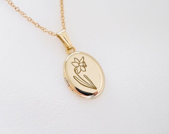 Daffodil Oval Locket, 14K Solid Gold, Gold Filled Locket Necklace, Personalized Gifts, March Birth flower