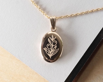Olive Branch Oval Locket, 14K Gold, Silver Personalized Gifts, Engraved Locket With Photo