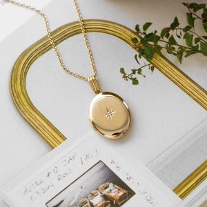 14K Solid Yellow Gold Diamond North Star Small Oval Locket, Photo Engraved Lockets