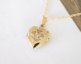 Wildflower Dainty Mini Heart Locket, Gold Filled, Sterling Silver, Locket Necklace Gifts, Heart Locket Necklace