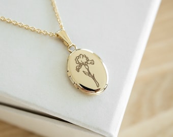 Iris Flower Oval Locket Necklace, 14K Gold, Silver Personalized Gifts, February Birth flower