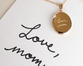 Handwritten Note Oval Locket, Gold Filled, Silver, Solid Gold Locket, Custom Handwriting Engraved Locket With Photo