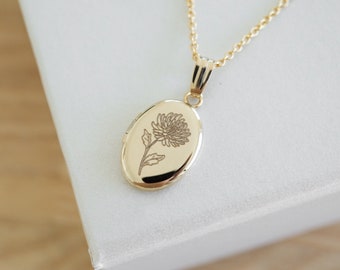 Chrysanthemum Oval Locket, Gold Personalized Gifts, November Birth flower