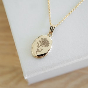 Chrysanthemum Oval Locket, Gold Personalized Gifts, November Birth flower